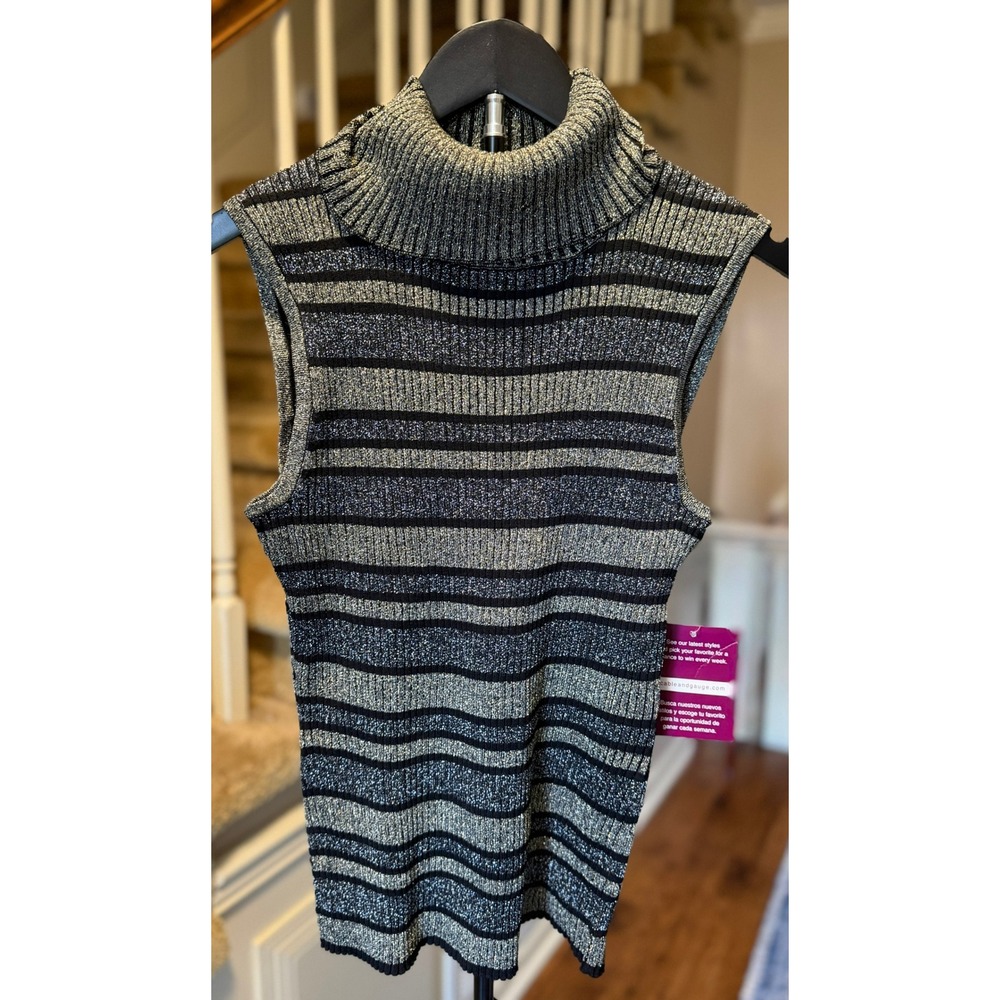 Cable & Gauge Petites Sleeveless Turtleneck Sweater Silver Black Metallic PL